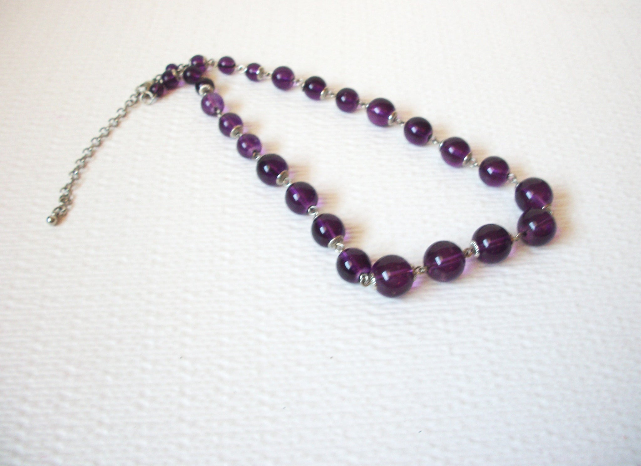 Vintage Plum Purple Silver Glass Beads Necklace 102820