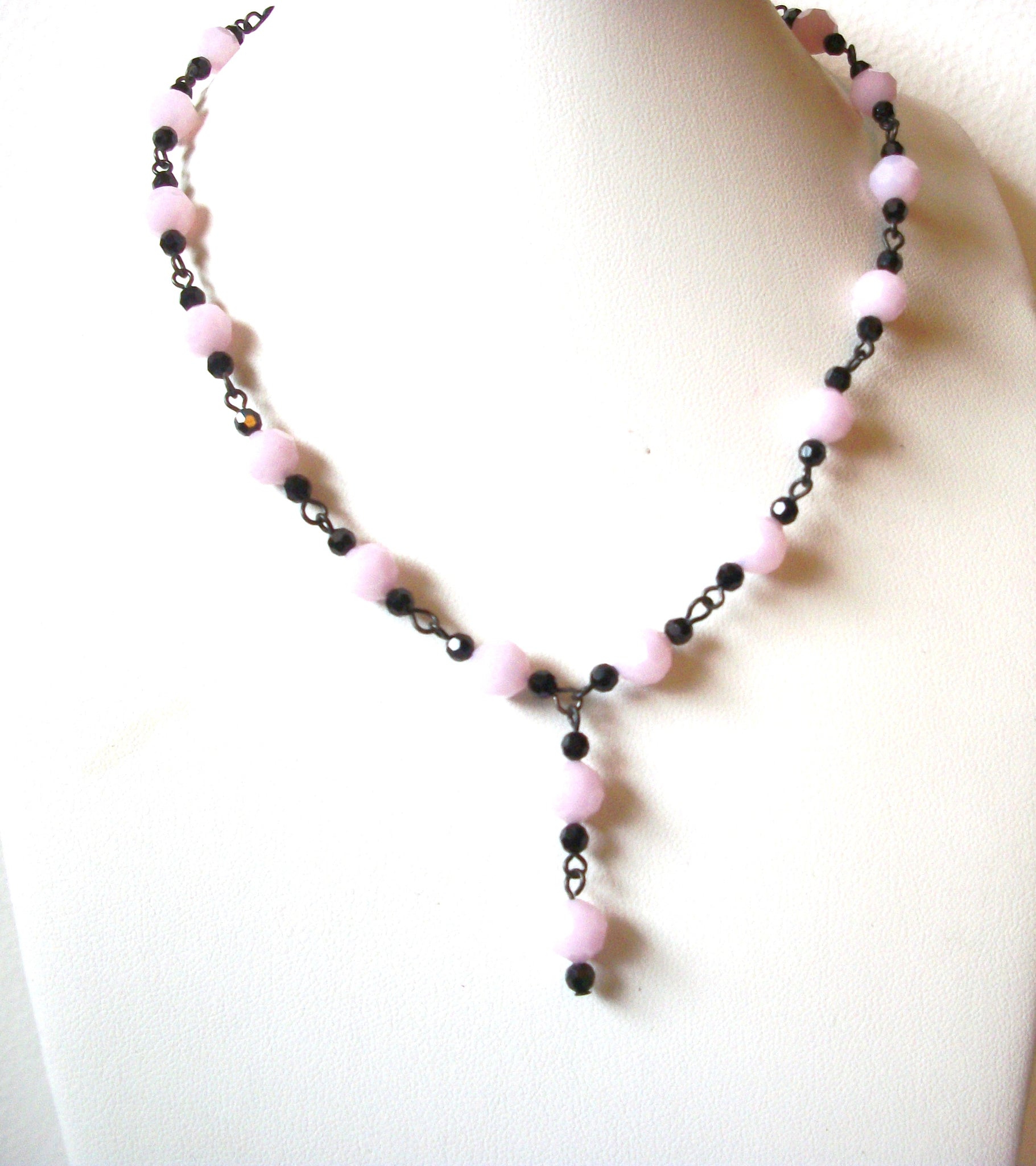 Vintage Black Pink Czech Glass Necklace 103020