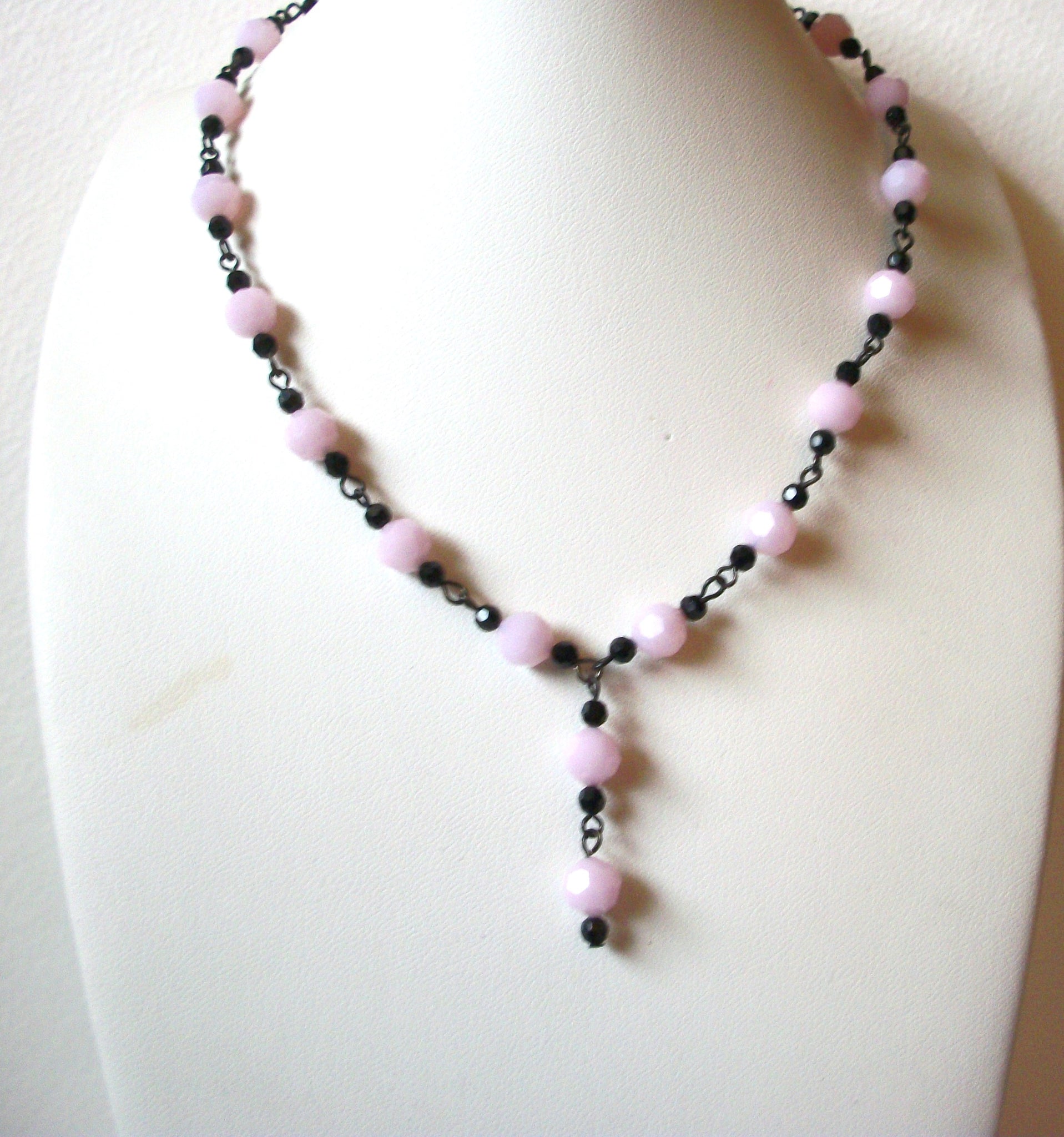 Vintage Black Pink Czech Glass Necklace 103020