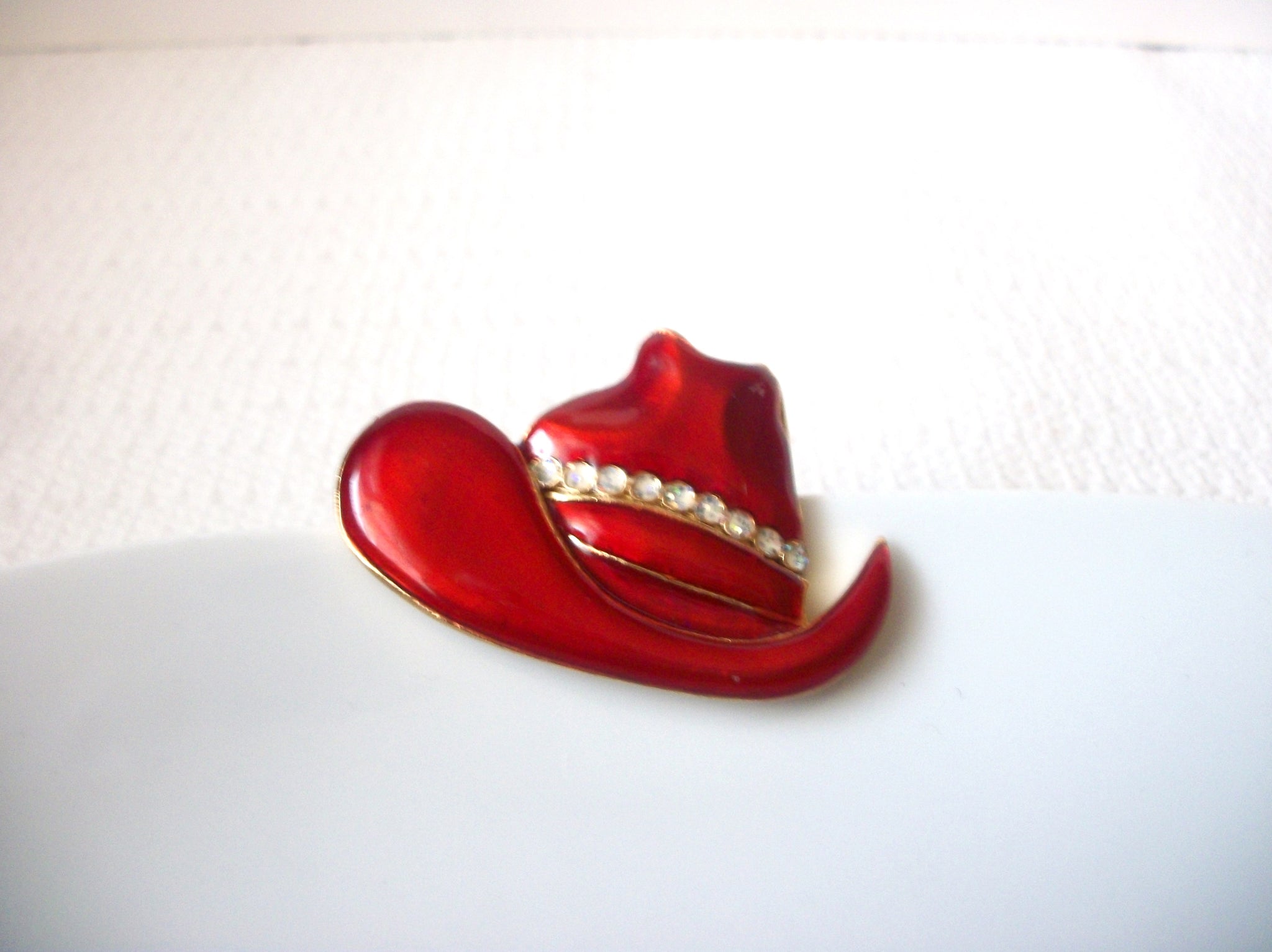 Vintage Red Rhinestones Cowboy Hat Brooch 112216