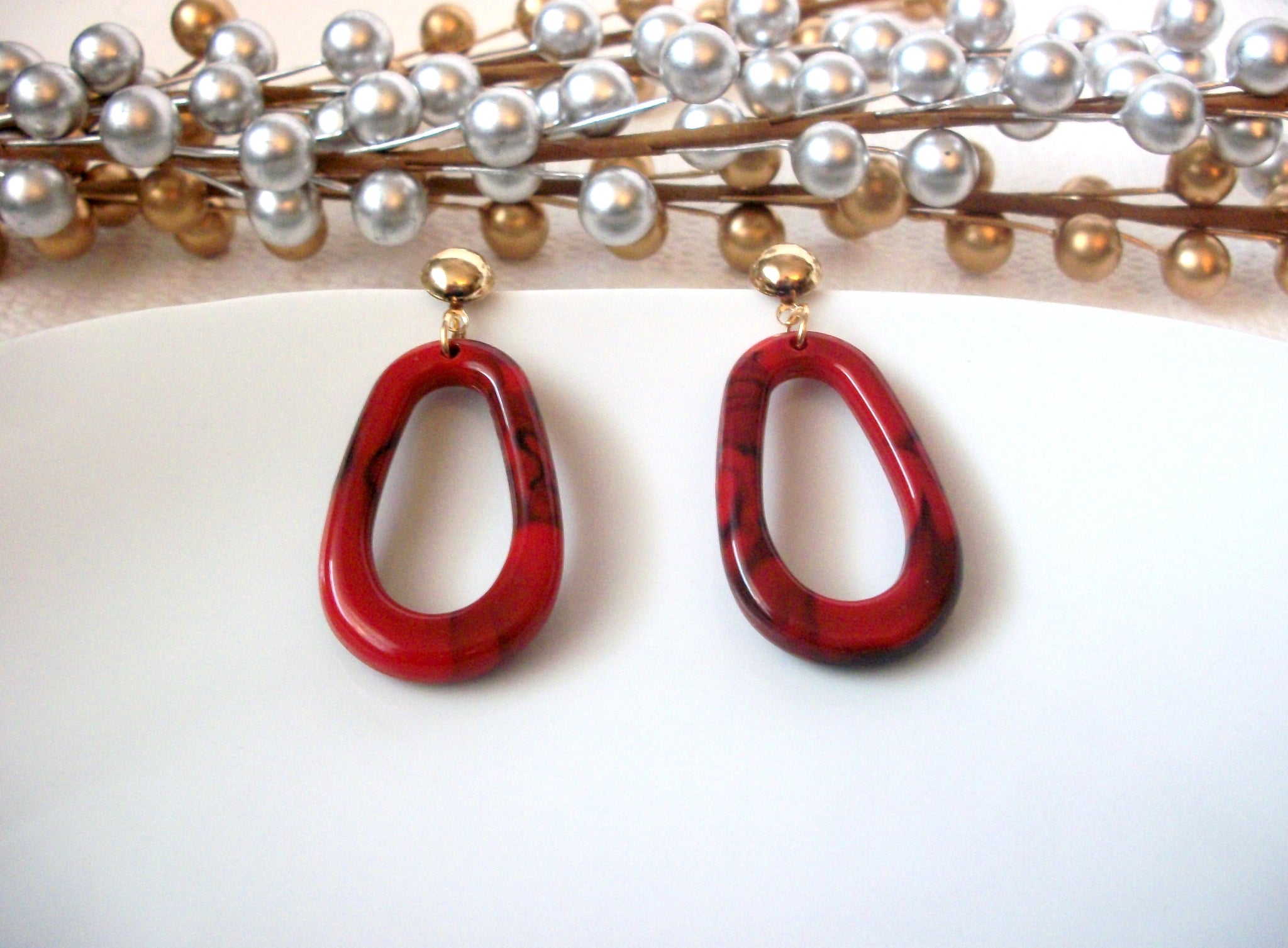 Long Red Marbleized Tortoiseshell Earrings, Acetate Earrings, Resin Earrings, Acrylic Earrings, Statement Earrings S35