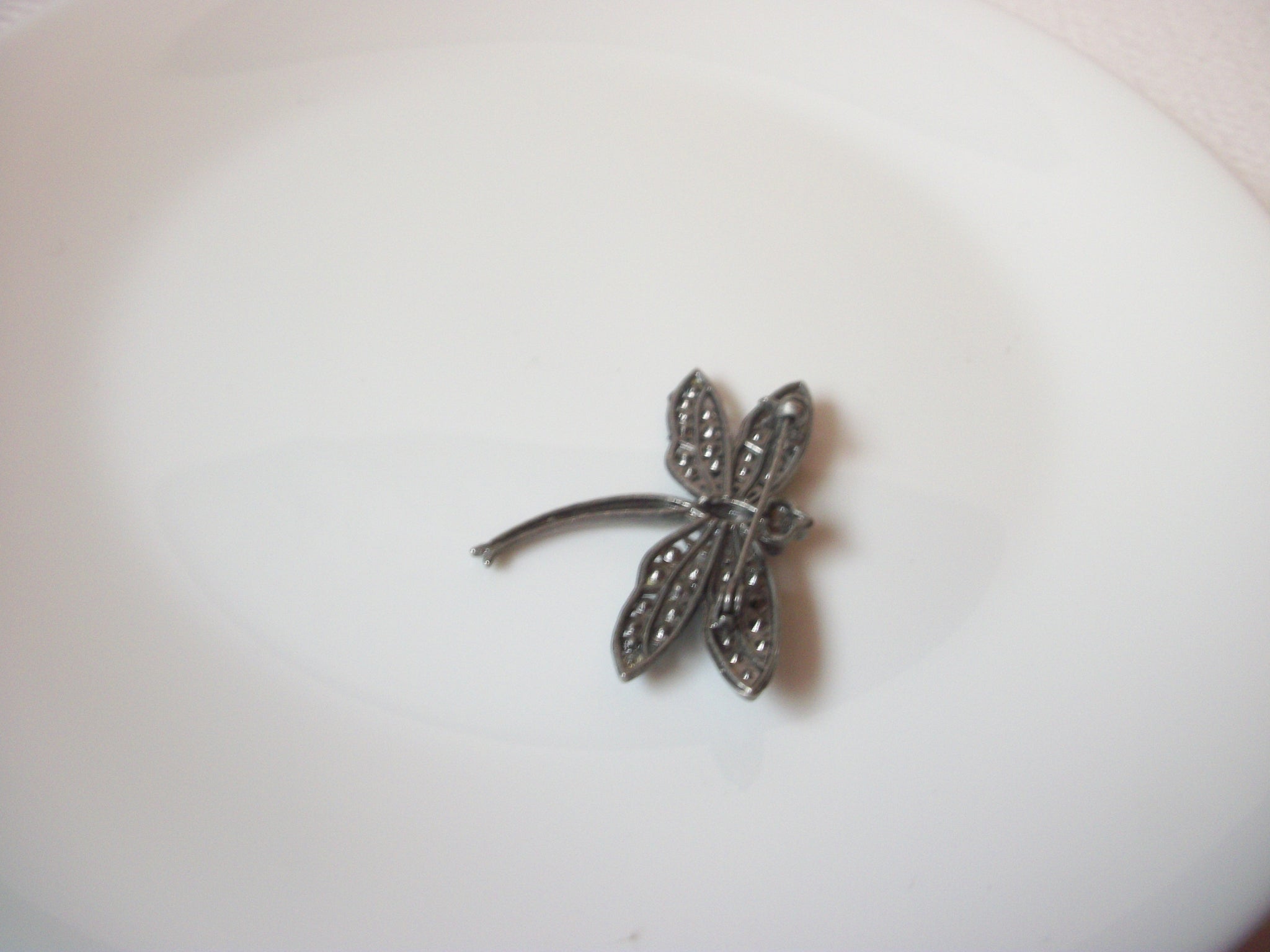 Vintage Pewter Rhinestone Dragonfly Brooch Pin 110620