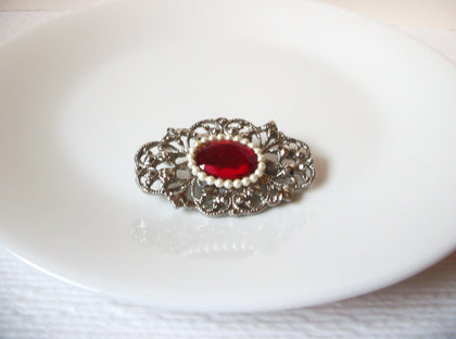 Vintage Red Scroll Work Brooch Pin 110720