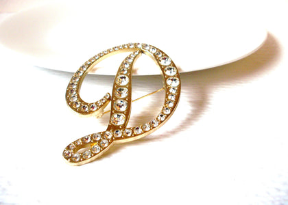 Large Retro Clear Rhinestones Initial D Brooch Pin 110620