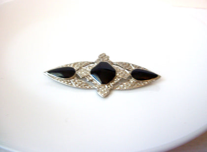 Vintage Victorian Marcasite Onyx Brooch Pin 110520