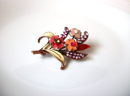 Vintage Copper Rhinestone Flower Brooch Pin 111120