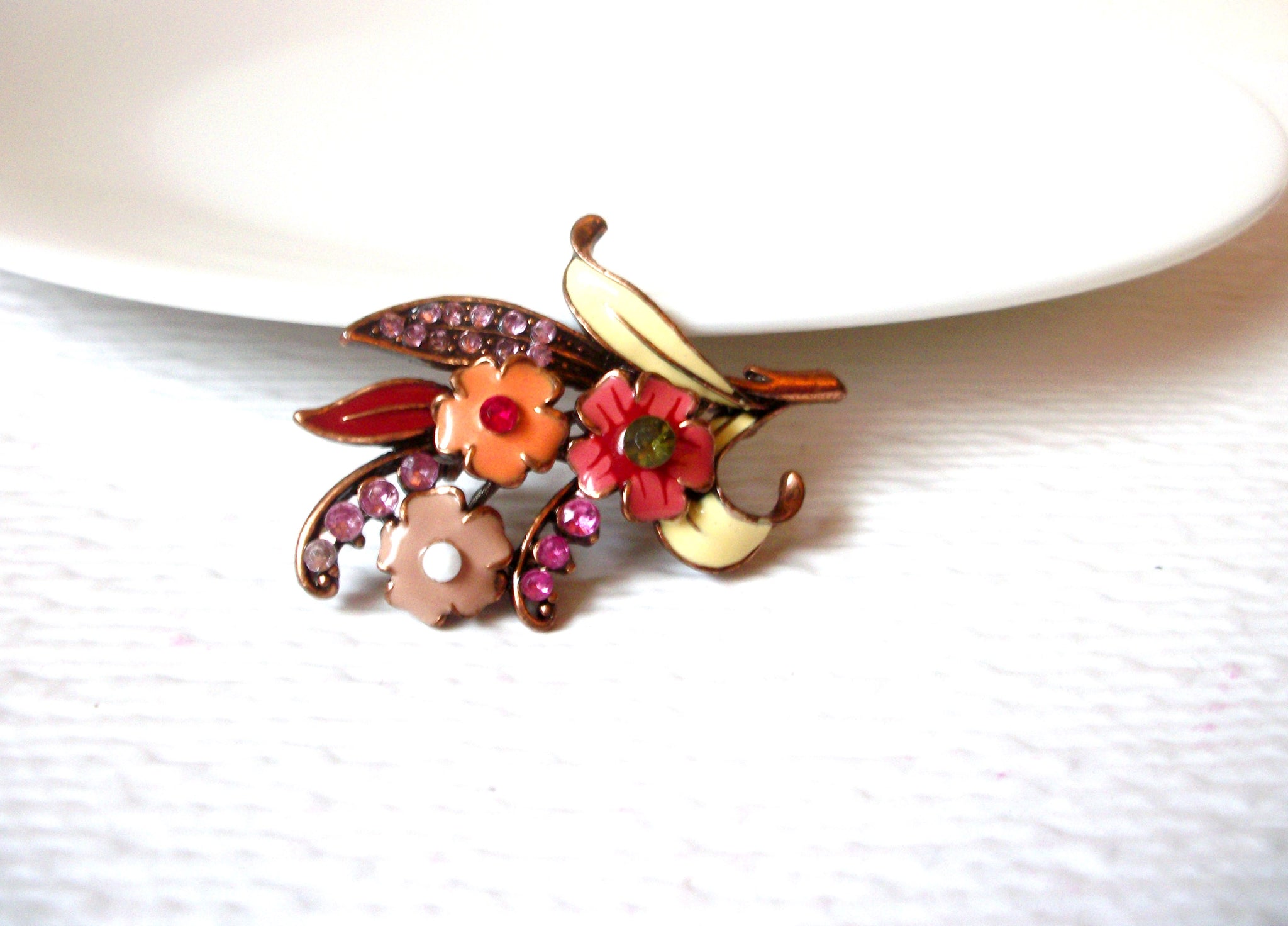 Vintage Copper Rhinestone Flower Brooch Pin 111120
