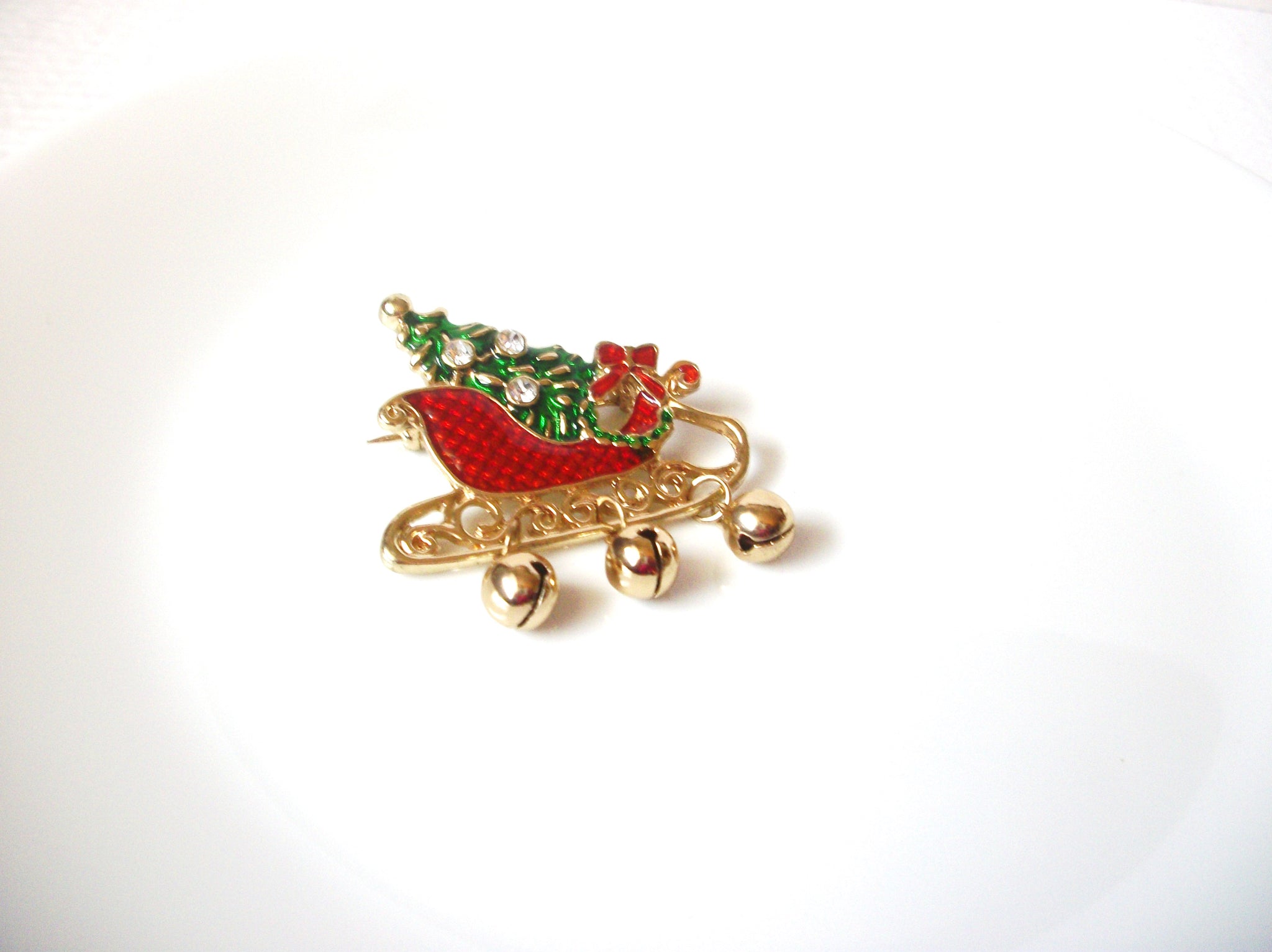 Retro Christmas Sled Bells Rhinestone Brooch Pin 111220