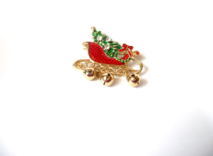 Retro Christmas Sled Bells Rhinestone Brooch Pin 111220