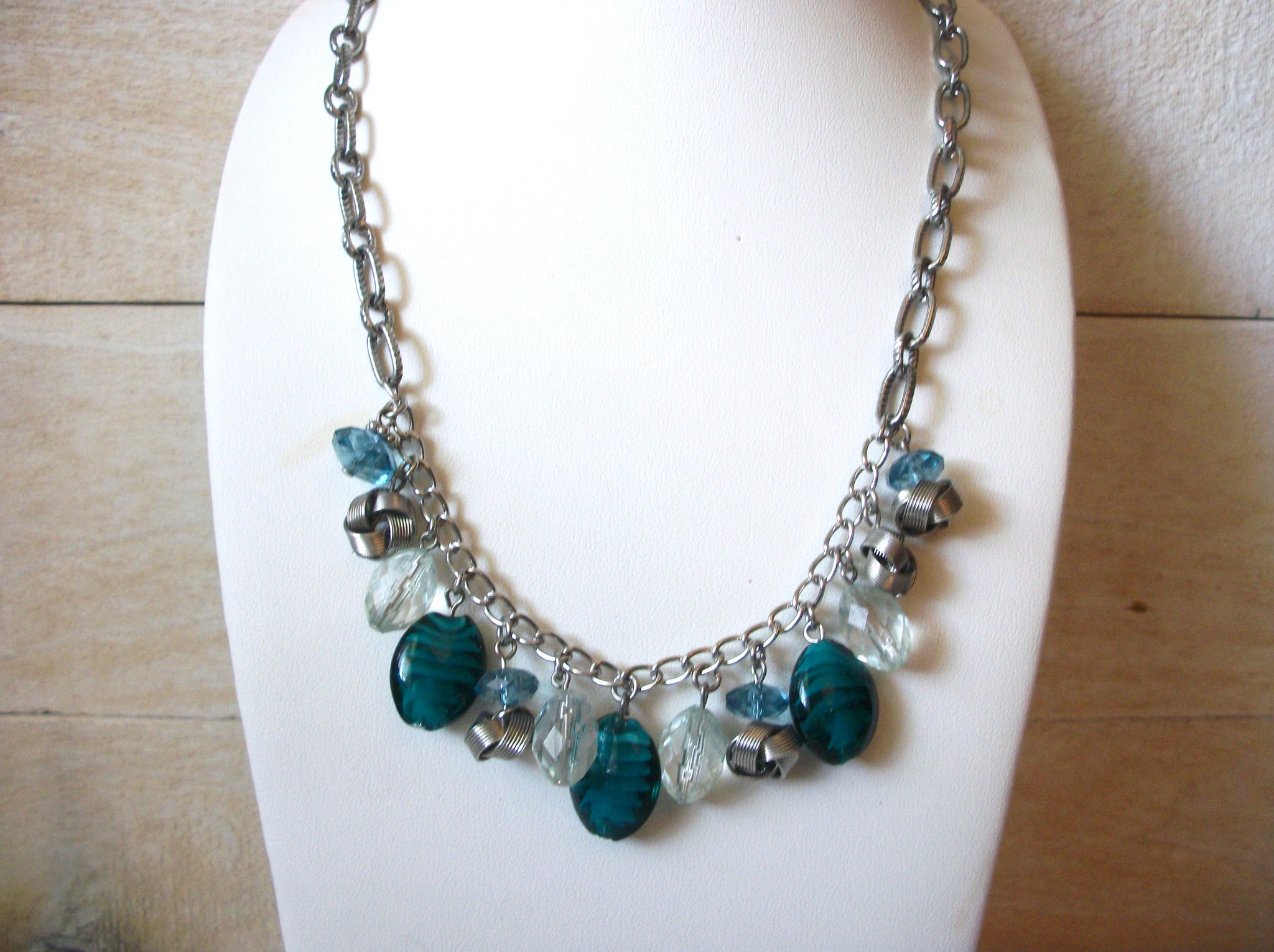 Retro Silver Teal Glass Necklace 41920