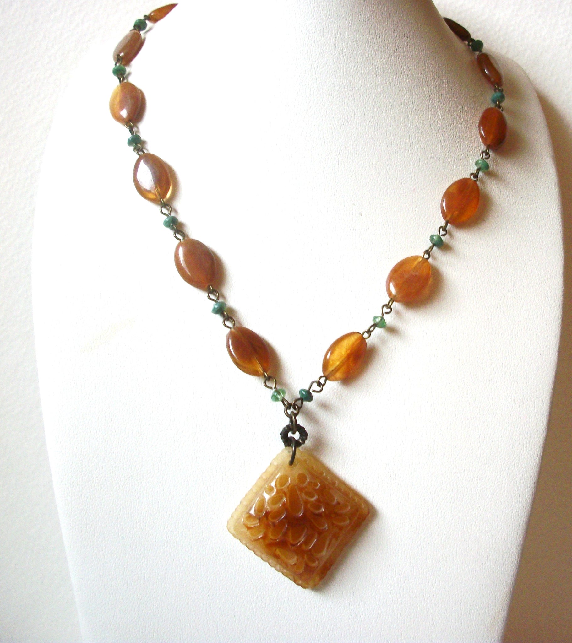 Vintage Amber Turquoise Lucite Necklace 111220
