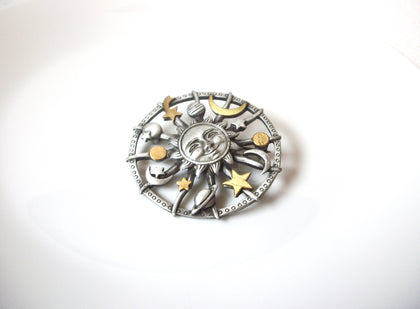 Vintage JJ Pewter Sun Dial Brooch Pin 111220