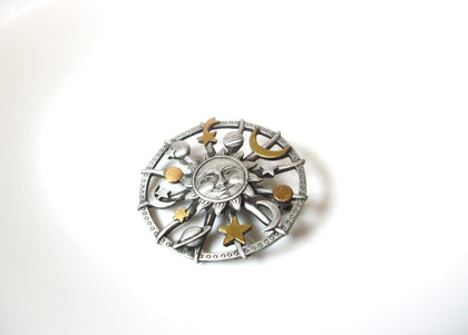 Vintage JJ Pewter Sun Dial Brooch Pin 111220