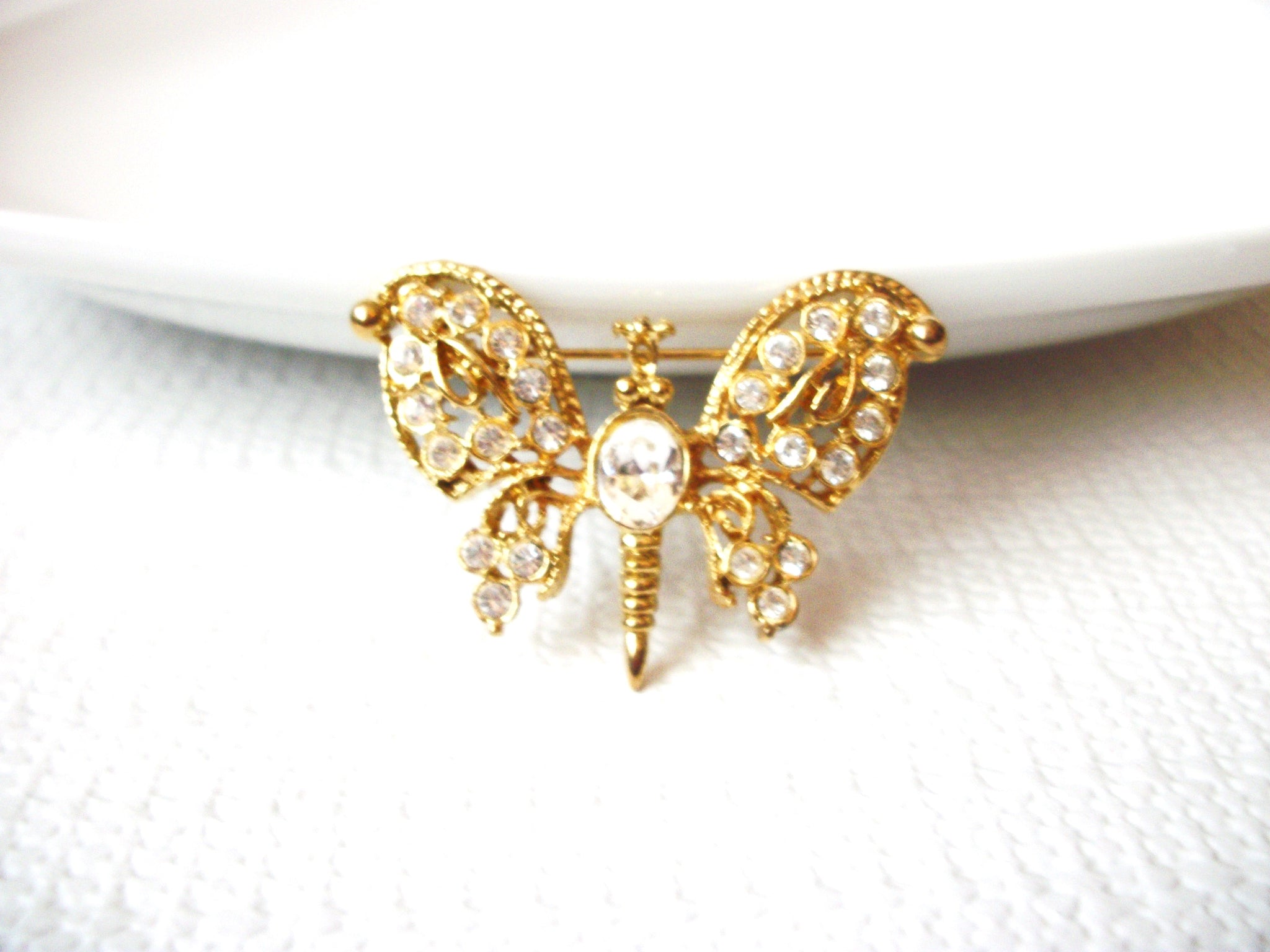 Vintage Gold Brooch, Rhinestones Butterfly, Designer LIA Pin 113016