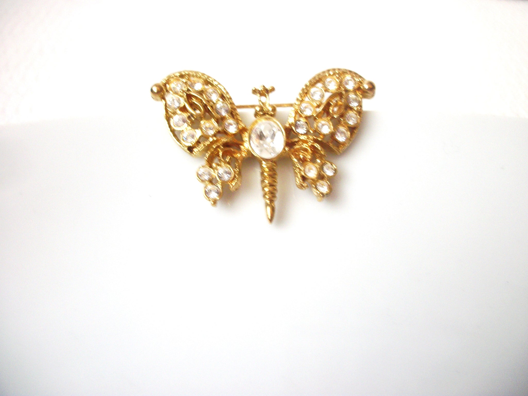 Vintage Gold Brooch, Rhinestones Butterfly, Designer LIA Pin 113016