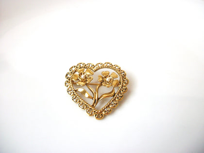 Vintage Damask Gold Toned Brooch, Faux Pearl Heart Brooch Pin 113016