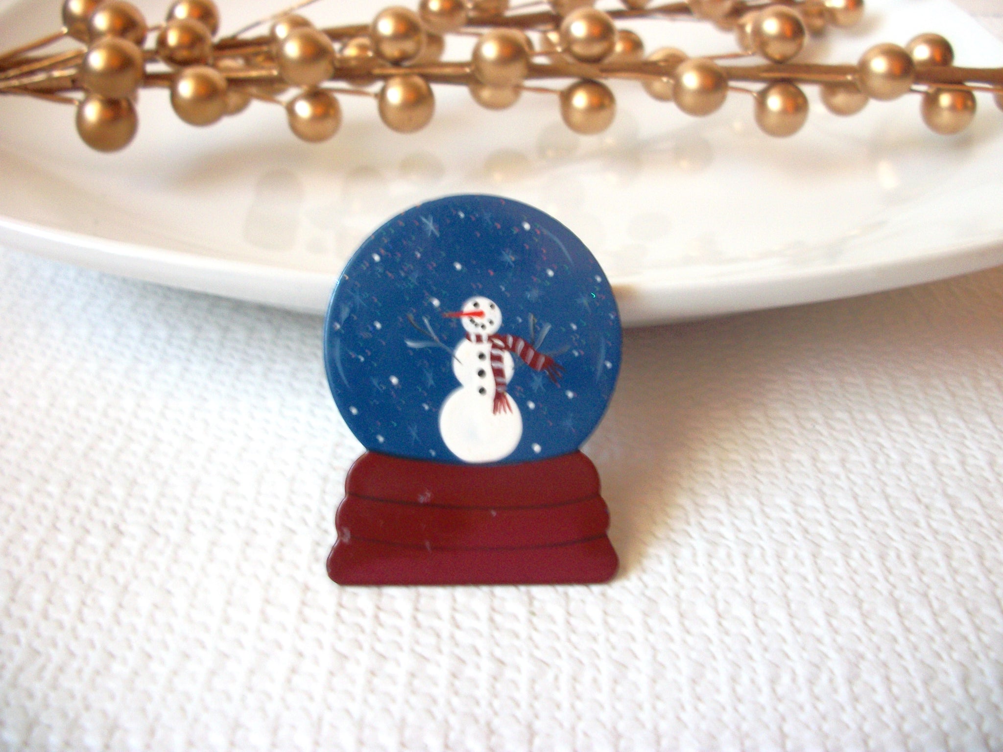 Vintage Enameled Copper Snowman Globe Brooch 41517