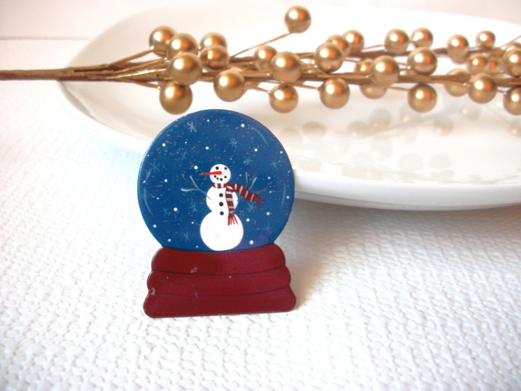 Vintage Enameled Copper Snowman Globe Brooch 41517