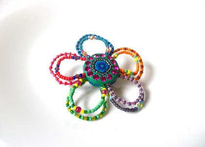 Vintage Larger Glass Beads Flower Brooch Pin 111420