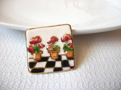 Vintage Crackled Ceramic Flower Pin 41517 Signed