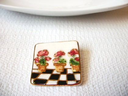 Vintage Crackled Ceramic Flower Pin 41517 Signed