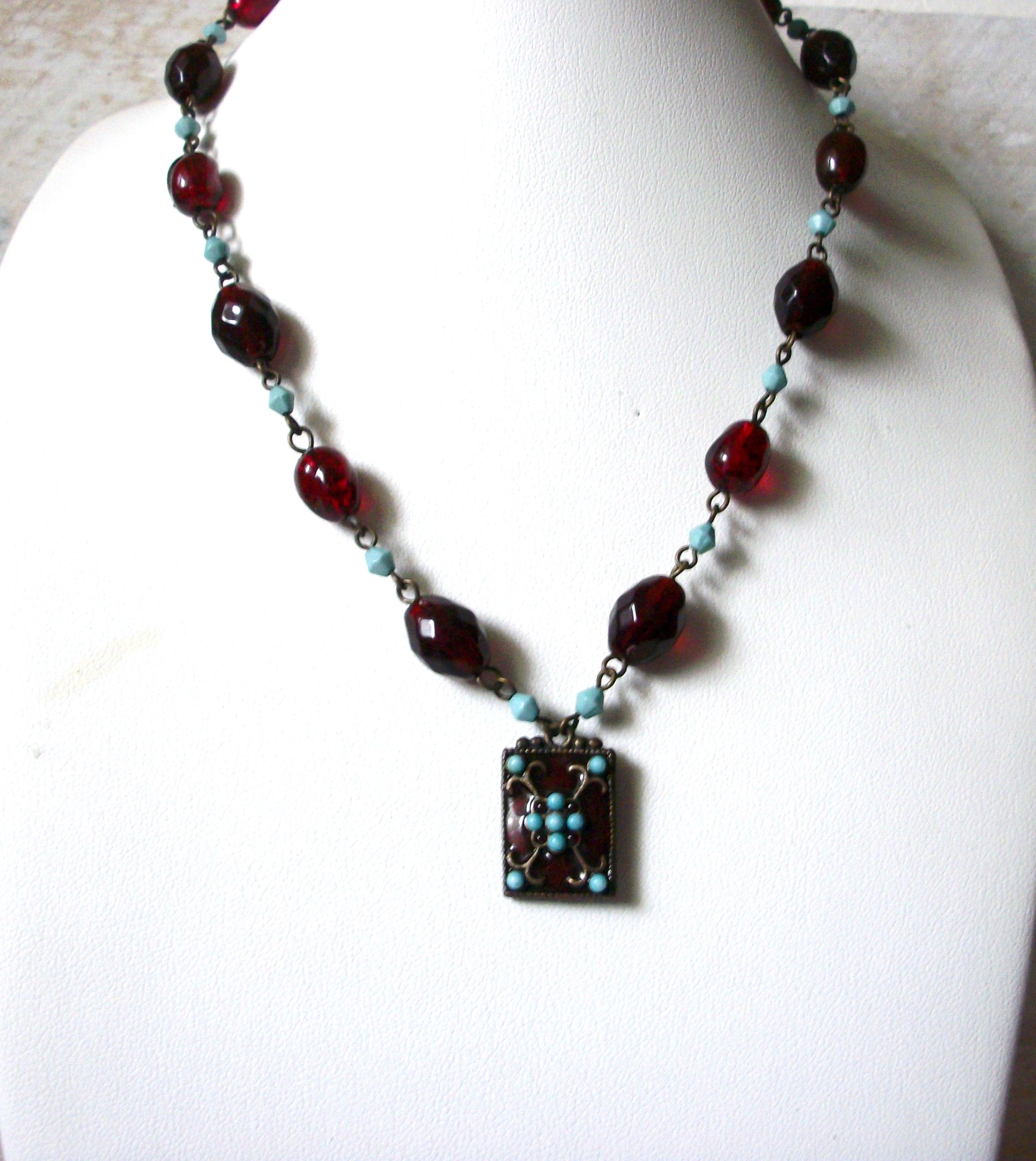 Bohemian Red Turquoise Blue Glass Necklace 50420