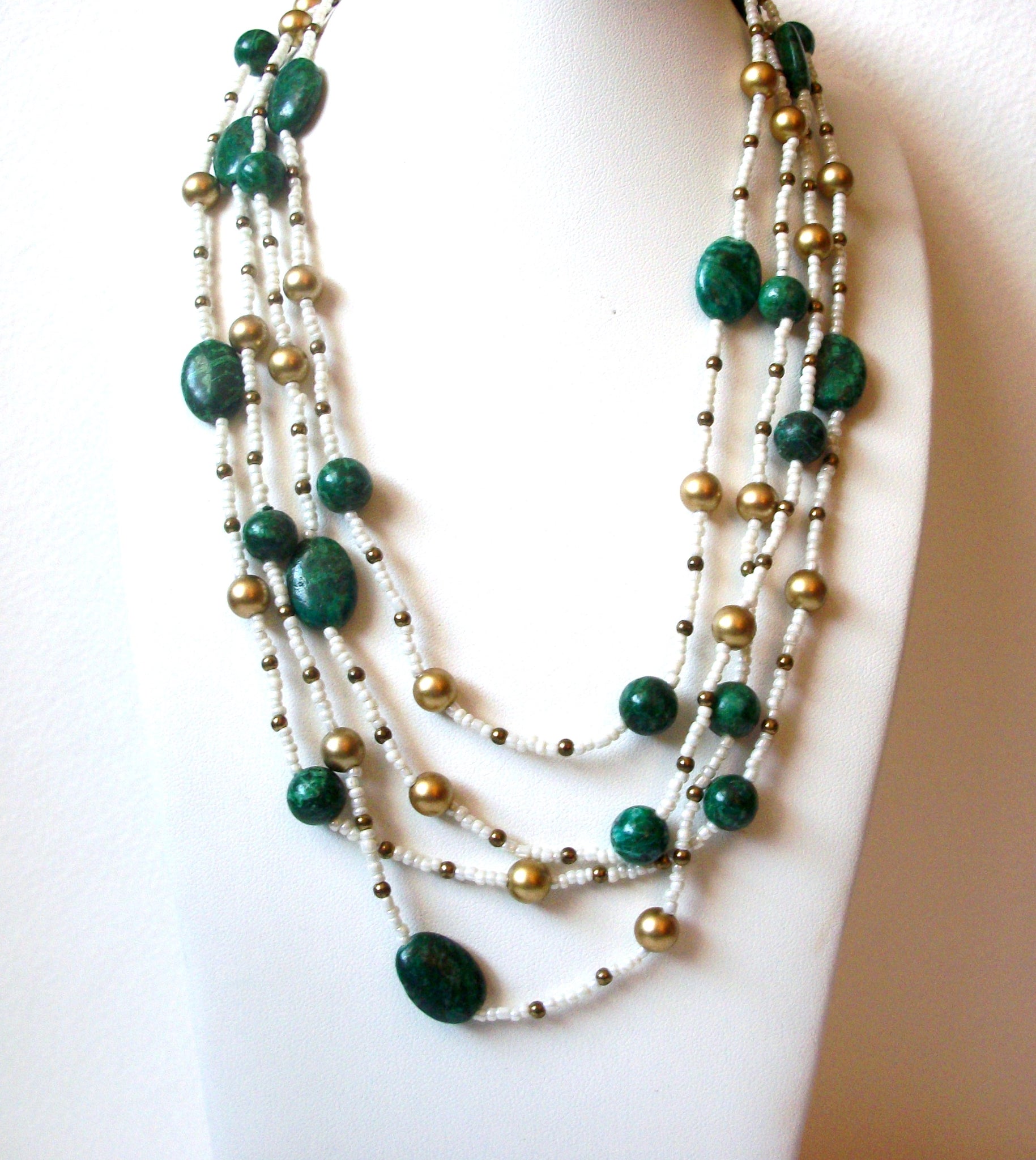 Vintage Chrysocolla Stone Beads Glass 86 Inch Necklace 111620