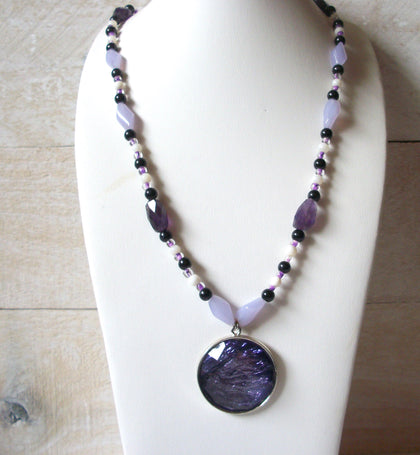 Retro Purple Lavender White Glass Necklace 51420