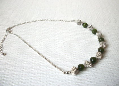Retro Green Glass Silver Toned Necklace 111920