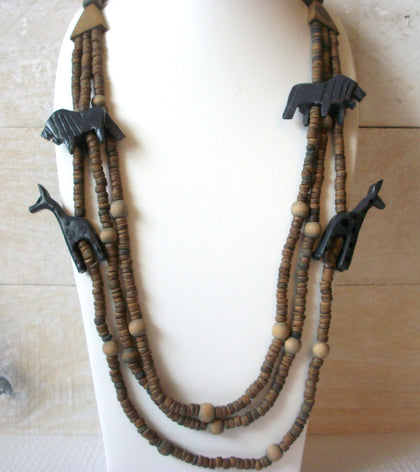 African Lion Hyena Wood Necklace 51420