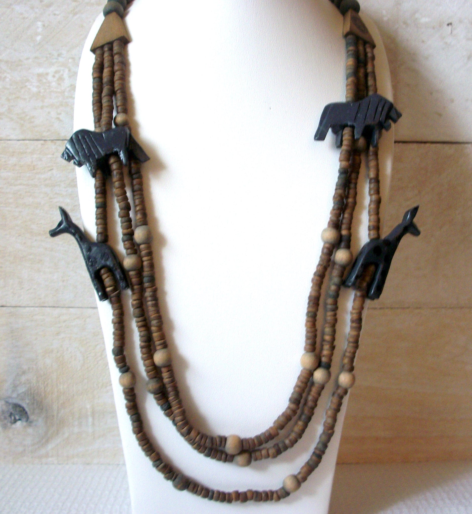 African Lion Hyena Wood Necklace 51420