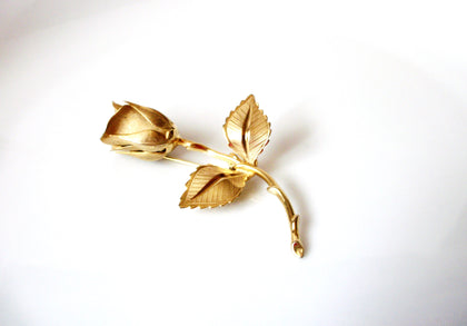 Vintage GIOVANNI Gold Toned Rose Brooch, Long Stemmed Rose Pin 8316