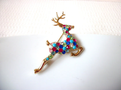 AVON Vintage Colorful Christmas Brooch, Reindeer Rhinestones Pin 8316