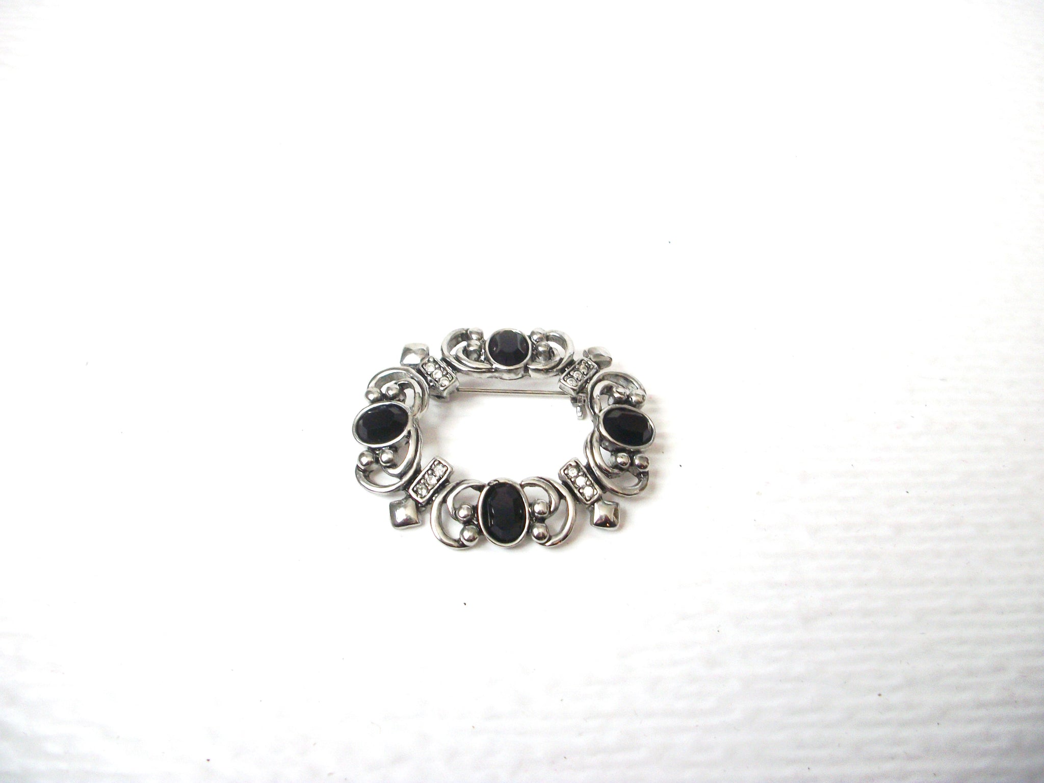 Vintage Black Rhinestone Ornate Brooch Pin 112920