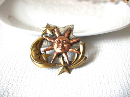 Vintage 1950s Sun Moon Stars Copper Brass Brooch 40120