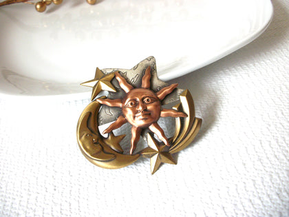 Vintage 1950s Sun Moon Stars Copper Brass Brooch 40120