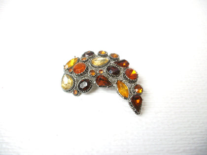 Large Vintage Prong Set Amber Gold Rhinestones Brooch Pin 112920
