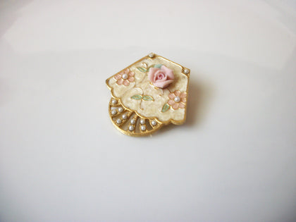 Vintage Victorian Porcelain Rose Pearl Brooch 40220