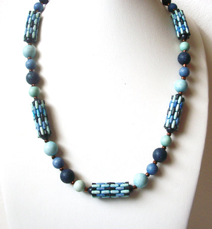 Bohemian Old Plastic Blue White Necklace 112920