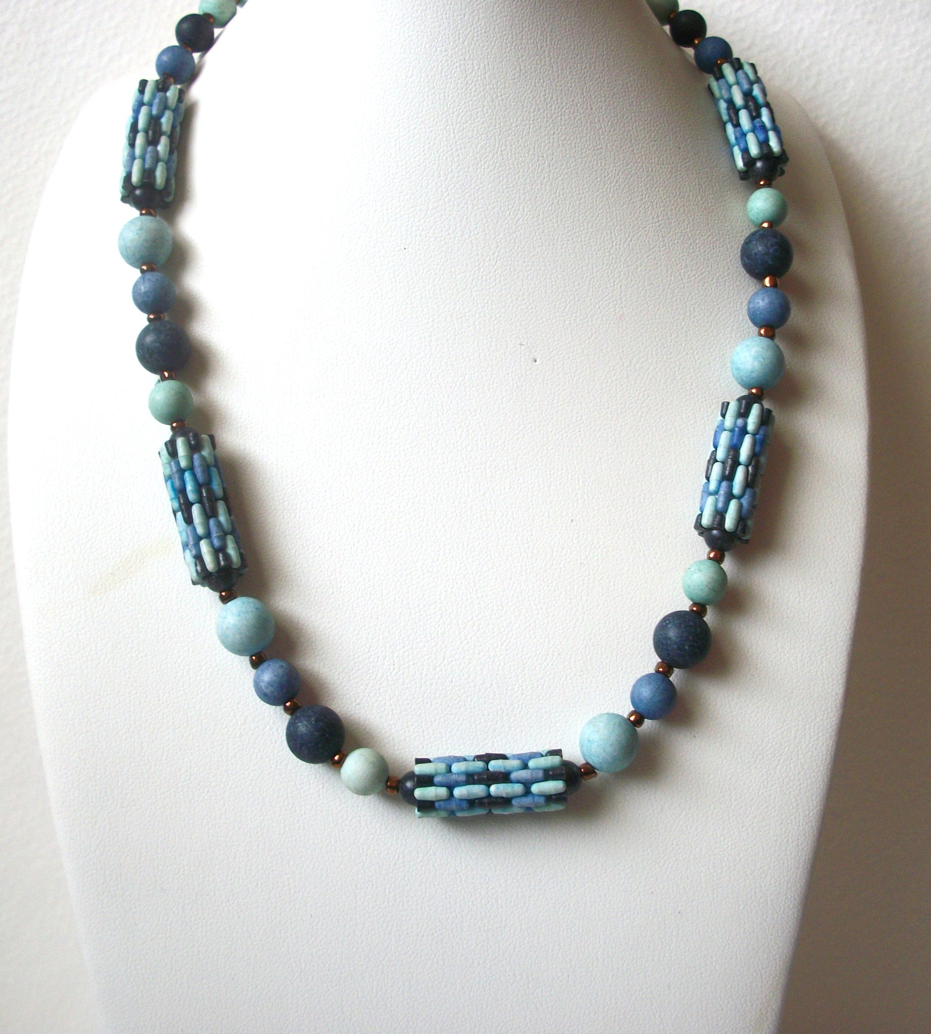 Bohemian Old Plastic Blue White Necklace 112920