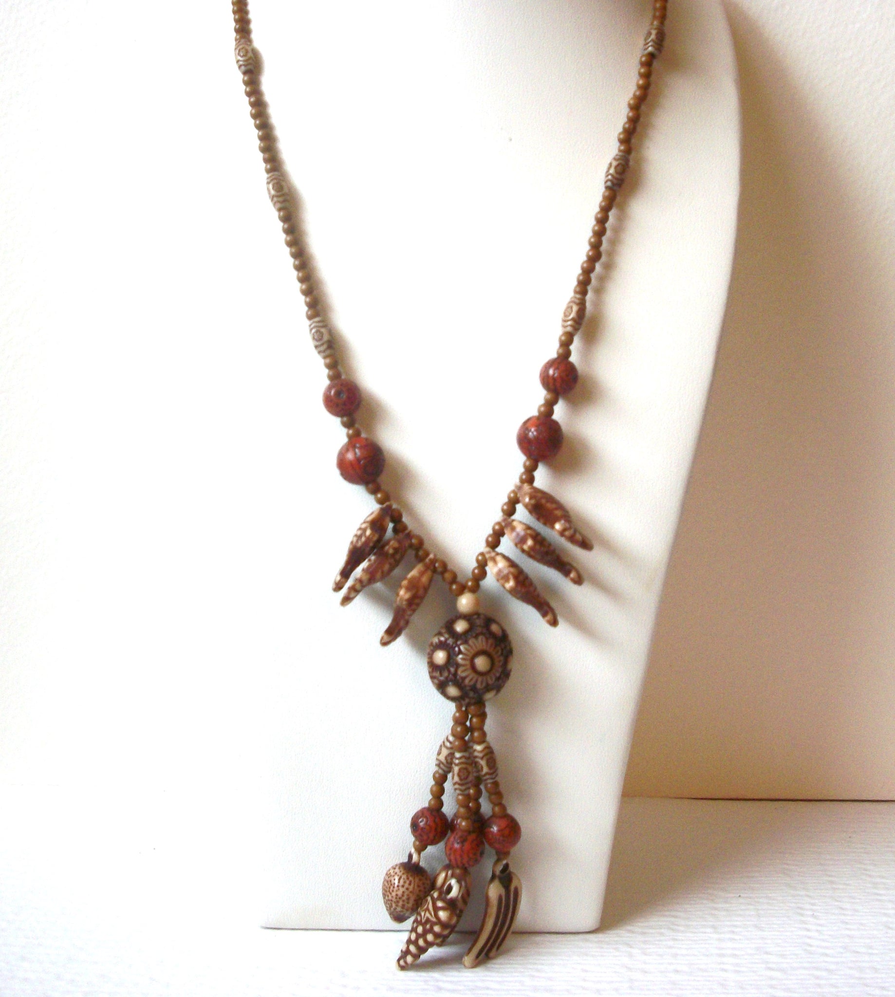 Bohemian Carved Fish Wood Tassel Necklace 120120