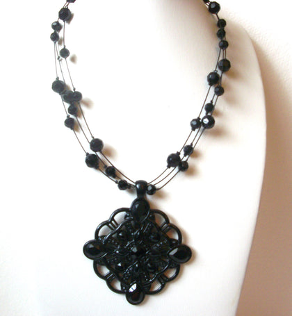 Vintage Designer Black Ornate Glass Rhinestone Necklace 120320