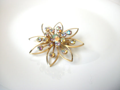 Vintage 1950s Gold Toned AB Crystal Brooch Pin 120420