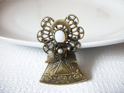 KC Stamped Brass Opal Face Angel Brooch 40420