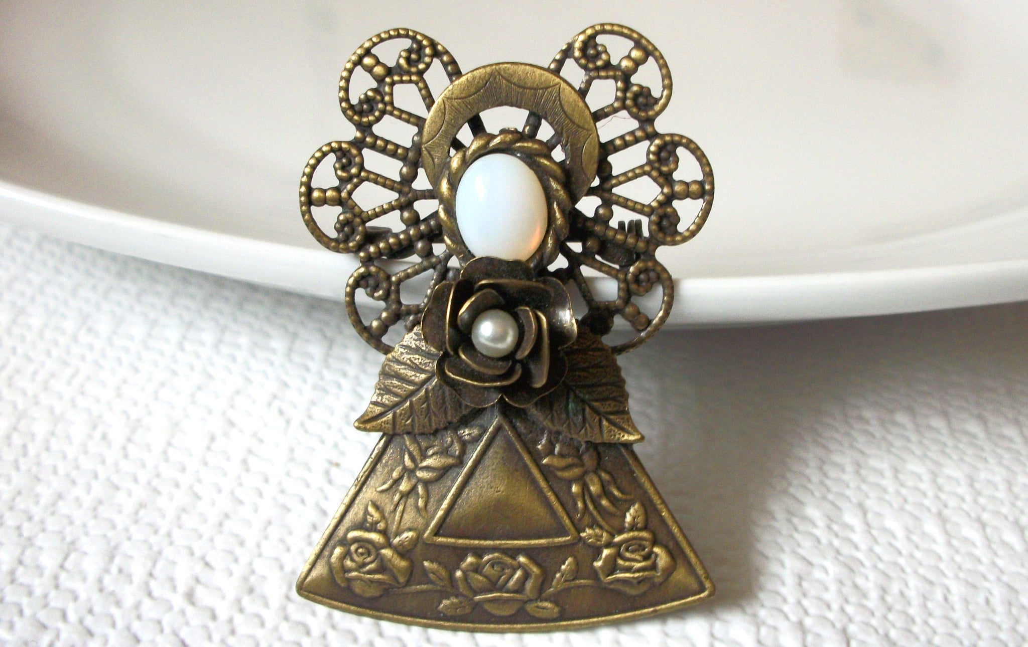 KC Stamped Brass Opal Face Angel Brooch 40420