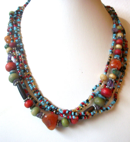 Southwestern Glass Wood Multi Strand Shorter Length Necklace 120720