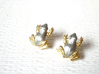 Vintage JJ Gold Pewter Frog Stud Earrings 120720