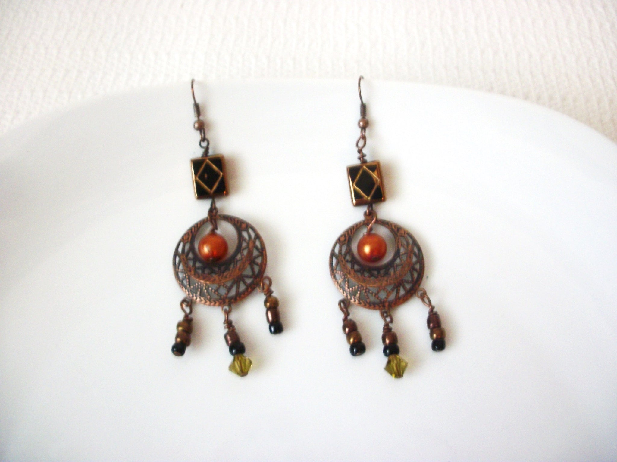 Vintage Copper Toned Glass Chandelier Earrings 40520