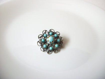 Vintage 1950s Blue Glass Filigree Brooch Pin 120820