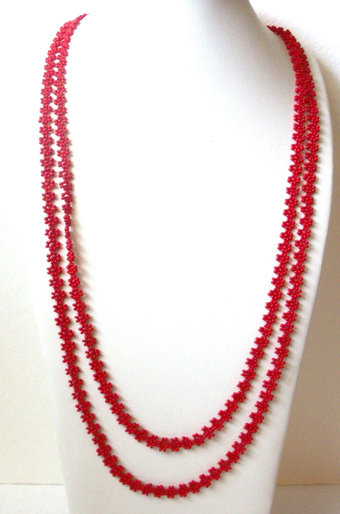 Native American Hand Crafted Red Micro Glass Long Necklace 121420